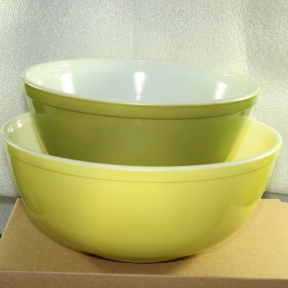 Pyrex Set 2 Vintage Verde Green Avocado Yellow Nesting Mixing Bowls403 404
